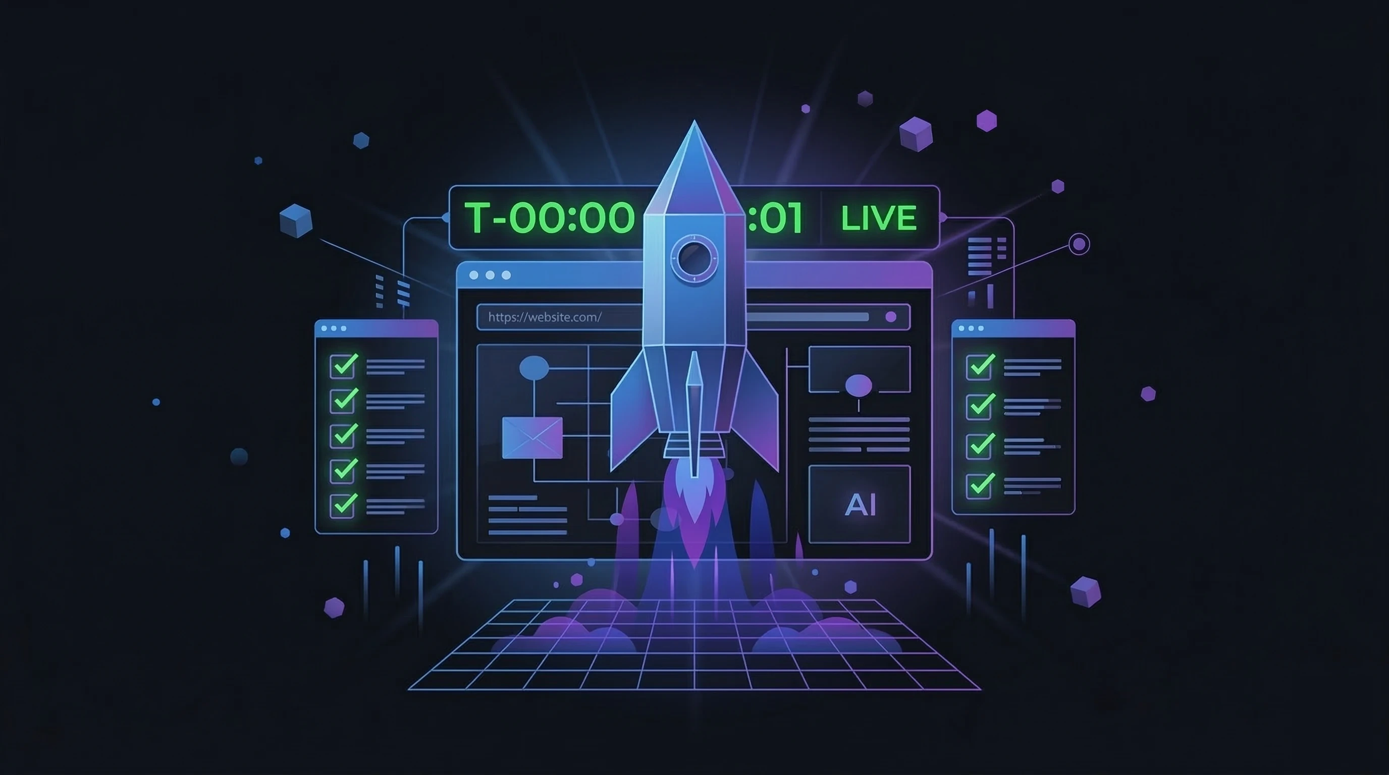 Foguete digital em painel de lançamento com todos os indicadores no verde