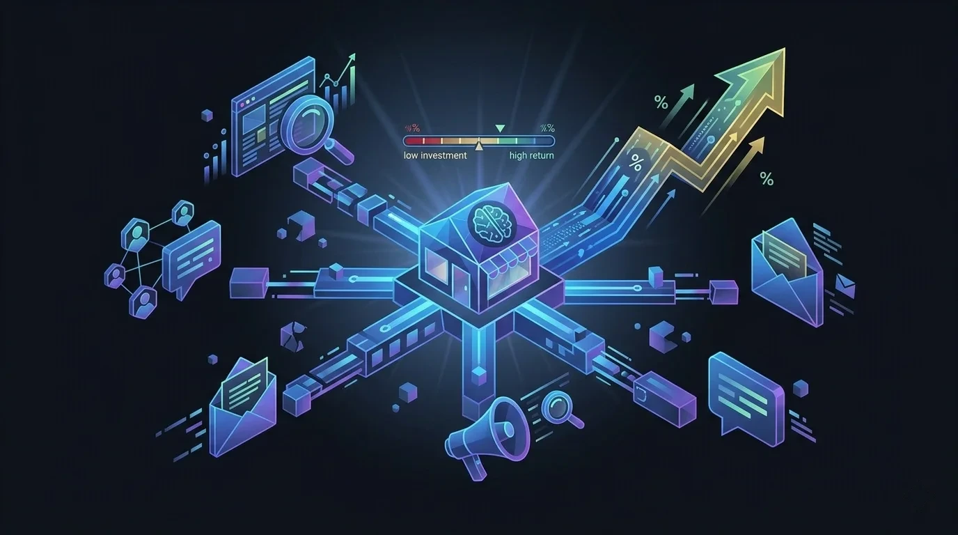 Pequeno negócio crescendo digitalmente com múltiplos canais de marketing conectados